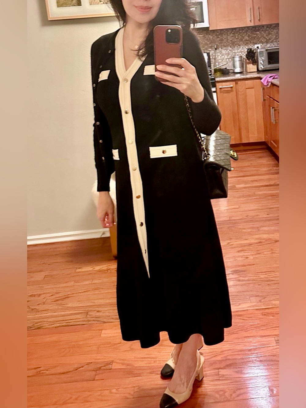 J. Crew Black Midi Cardigan Dress with Cream Trim